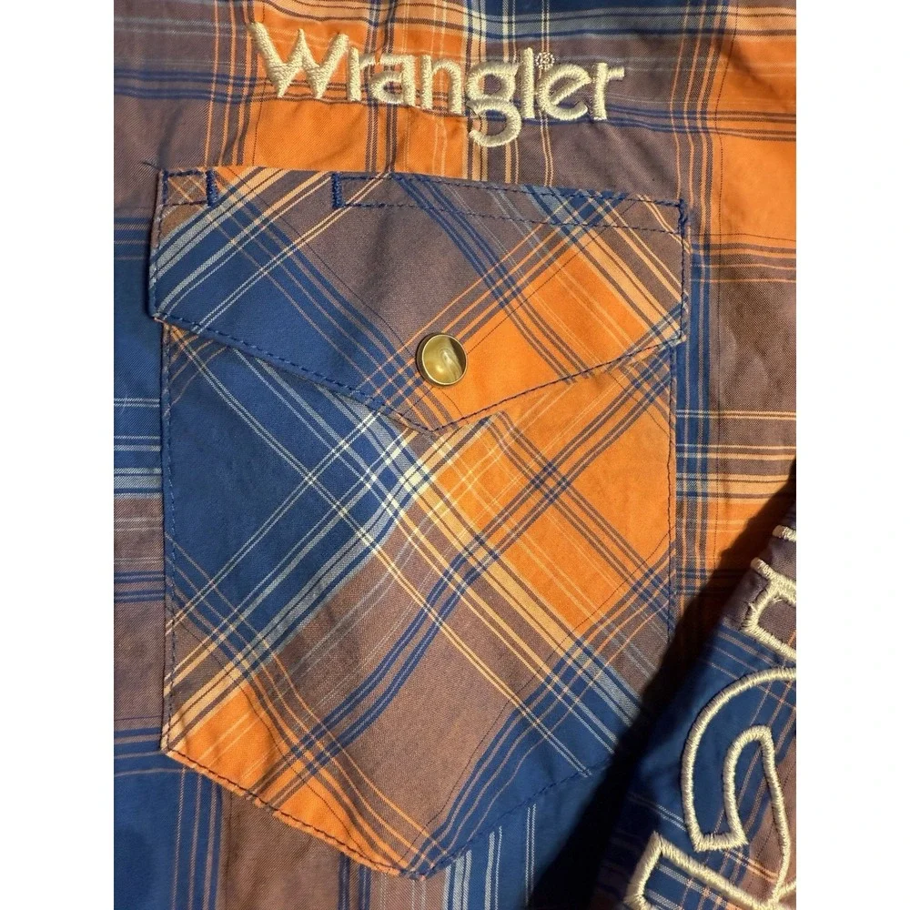 Wrangler Shirt Men's XL Orange‎ Blue Plaid Pearl Snap Western Rodeo Logo LS